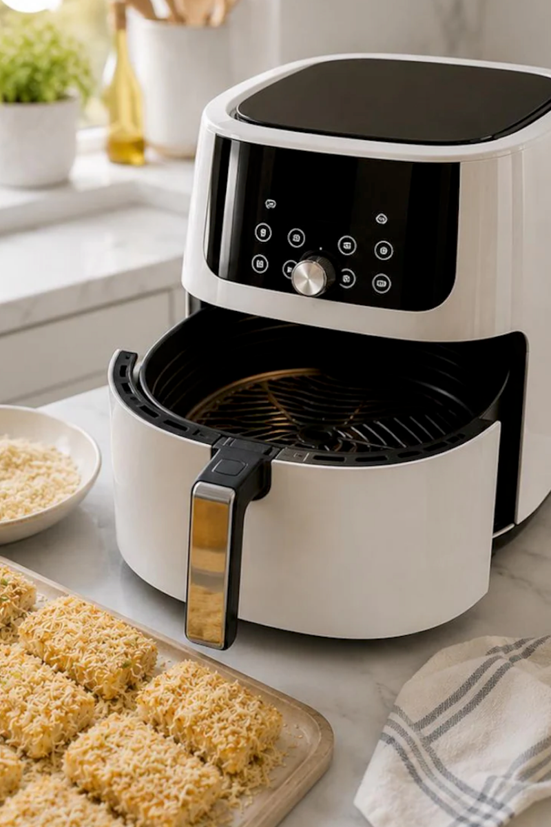 Air fryer with breaded cod fillets on tray