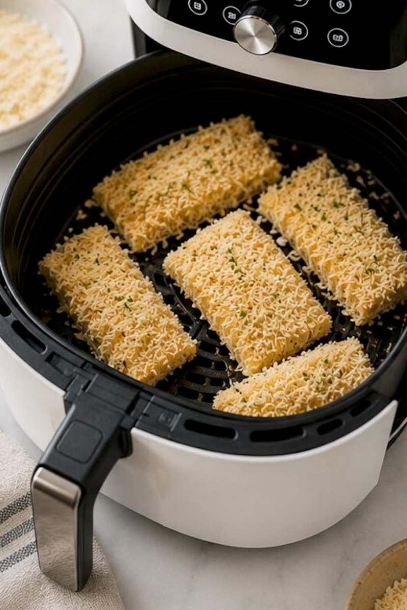 Breaded cod fillets arranged in air fryer basket