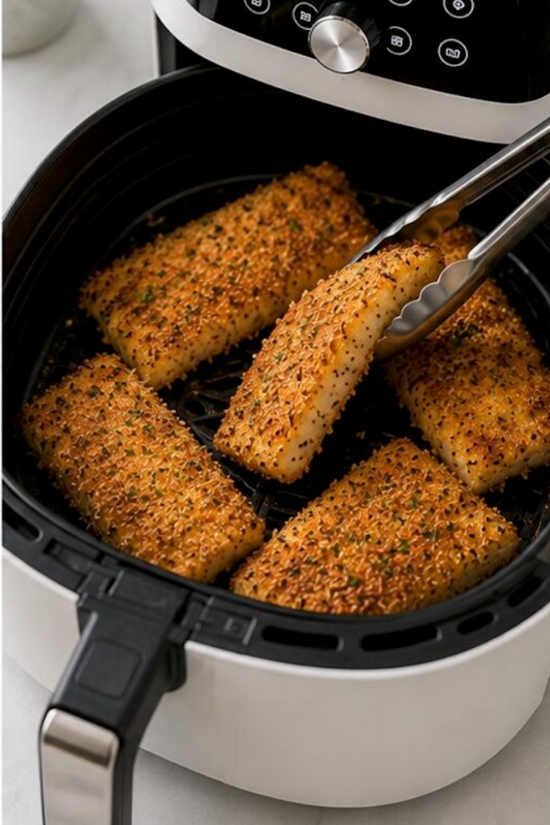 Cooked parmesan cod being lifted from air fryer with tongs