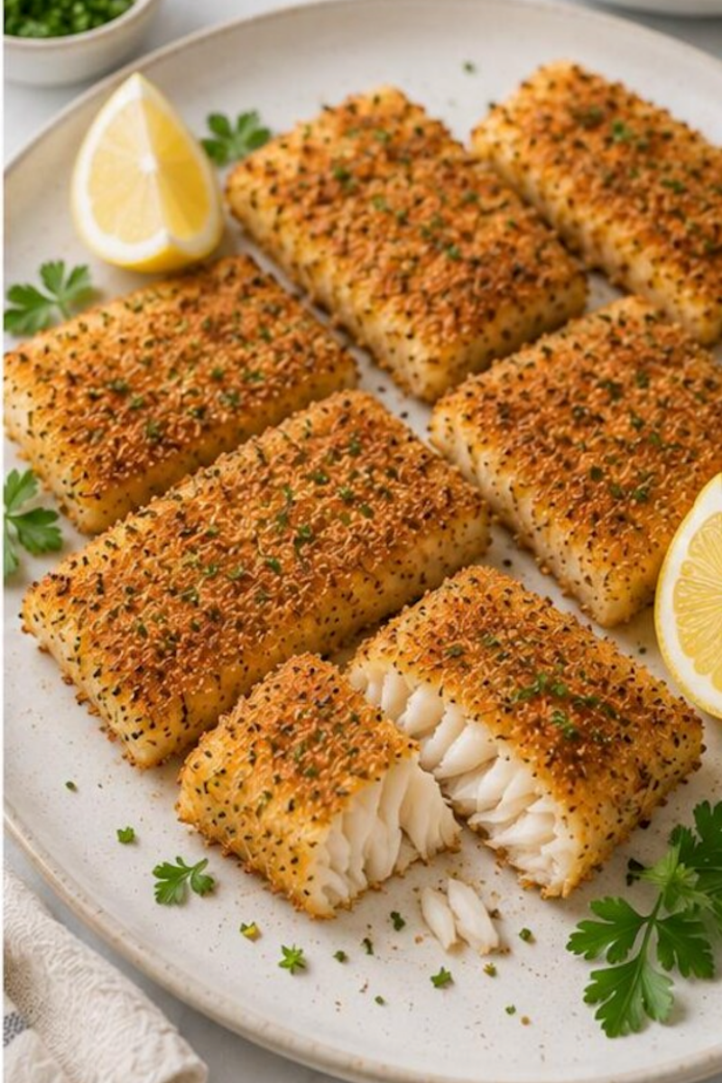 Plated crispy air fryer parmesan cod with lemon wedges