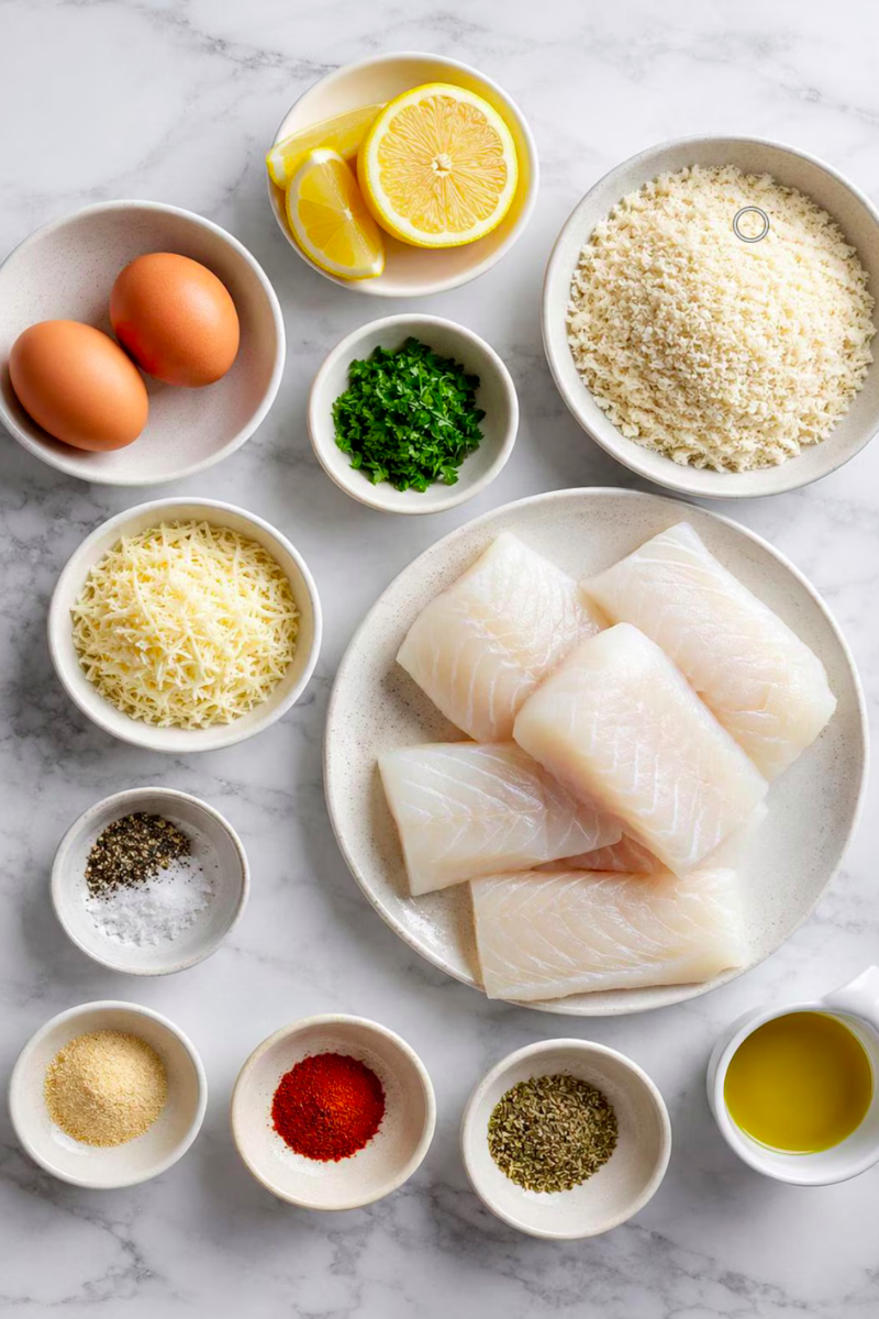 All ingredients for Air Fryer Parmesan Cod laid out on marble surface"
