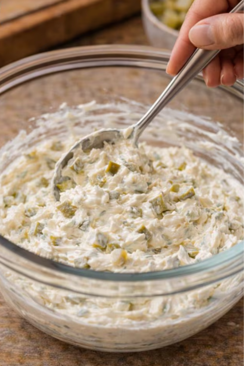Creamy pickle dip mixture being stirred until smooth.