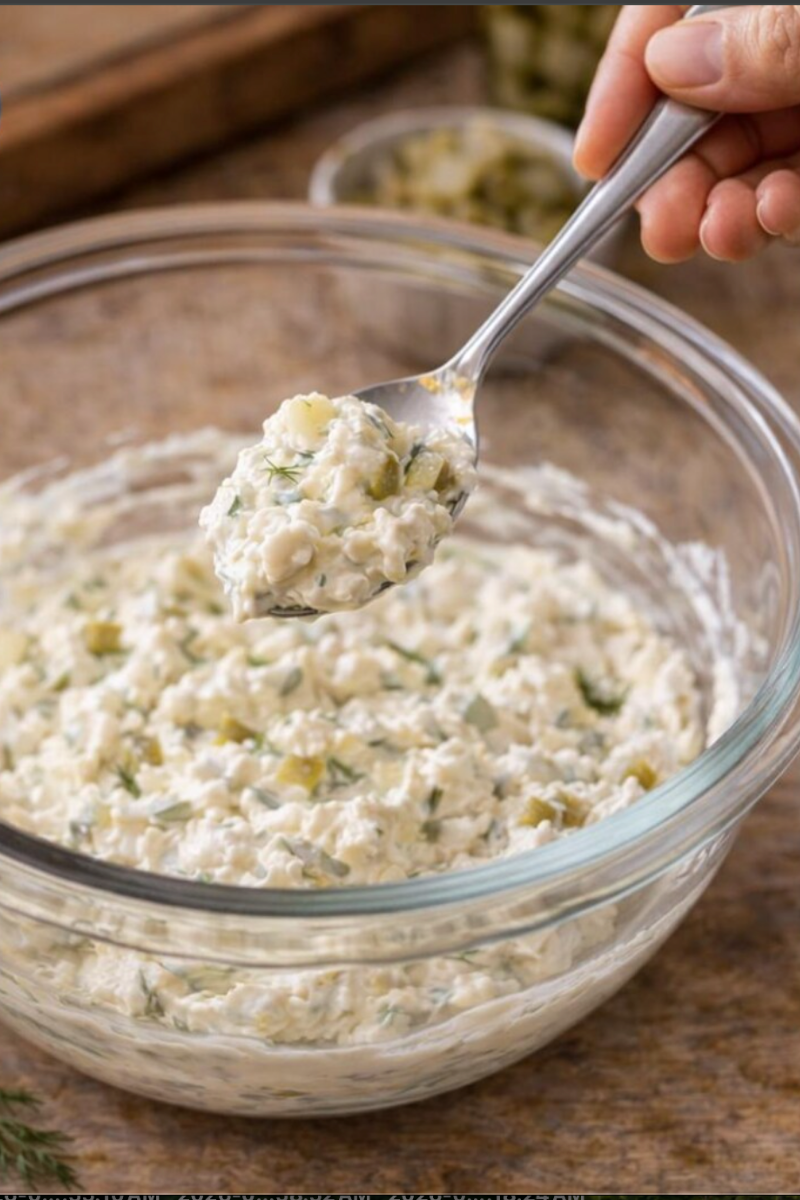 Spoon lifting healthy pickle dip to check texture and consistency.