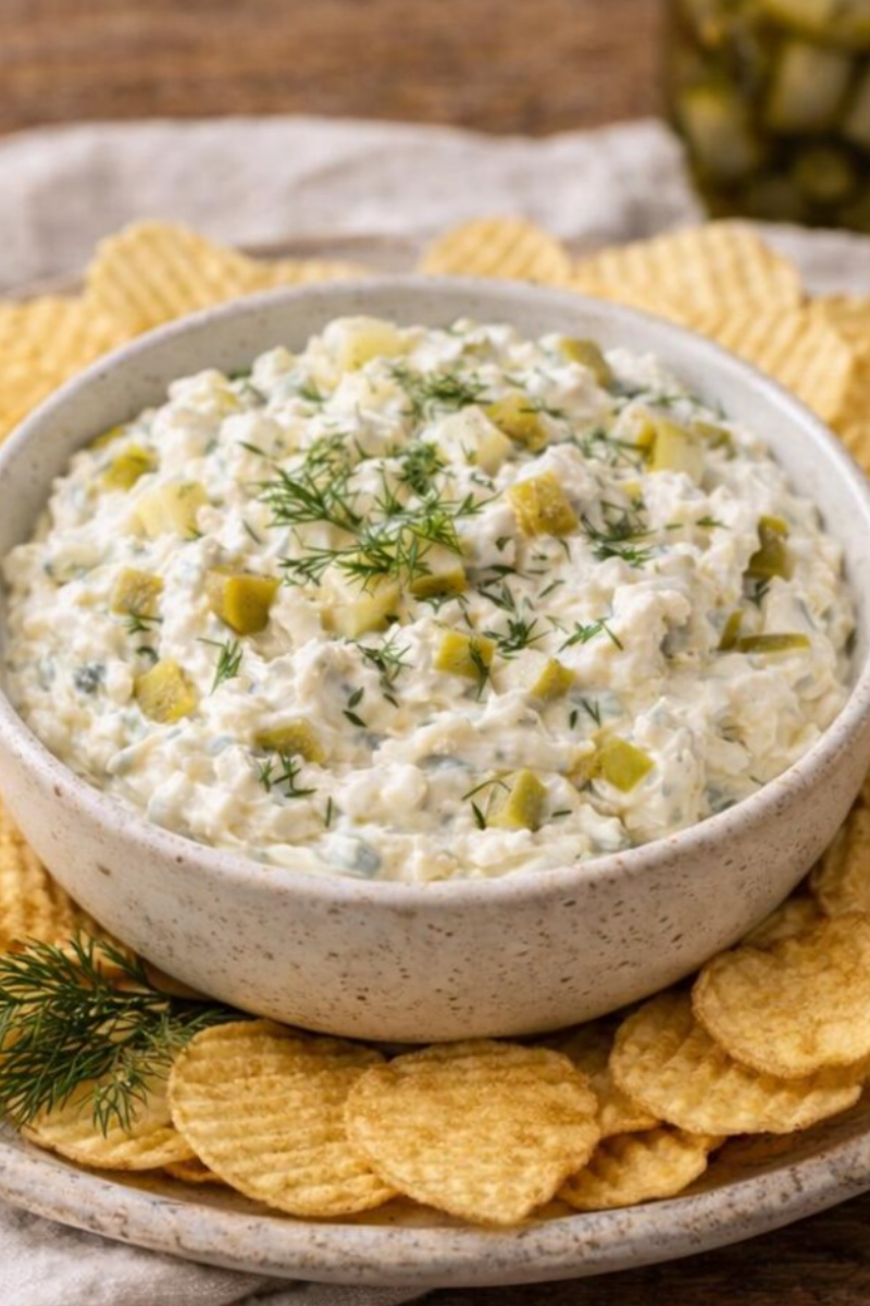 Finished healthy pickle dip served with potato chips and fresh vegetables.