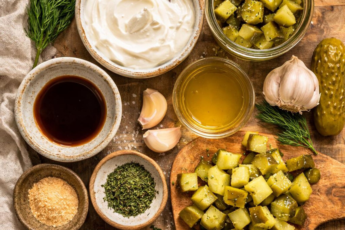 Ingredients for healthy pickle dip including Greek yogurt, cream cheese, dill pickles, fresh dill, and seasonings.