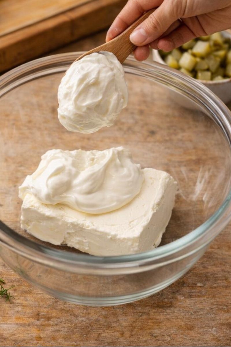 Greek yogurt, cream cheese, and sour cream being blended together in a mixing bowl.