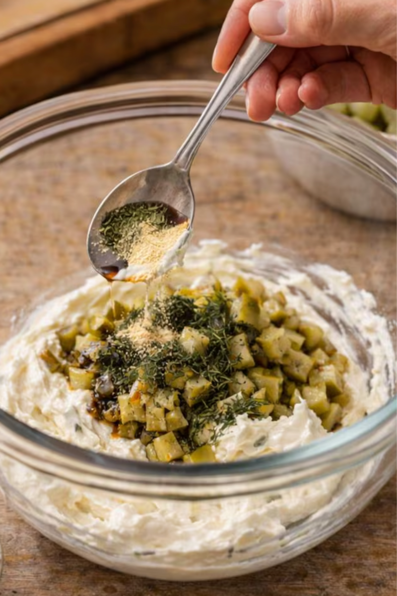  Fresh dill and seasonings being added to homemade pickle dip.
