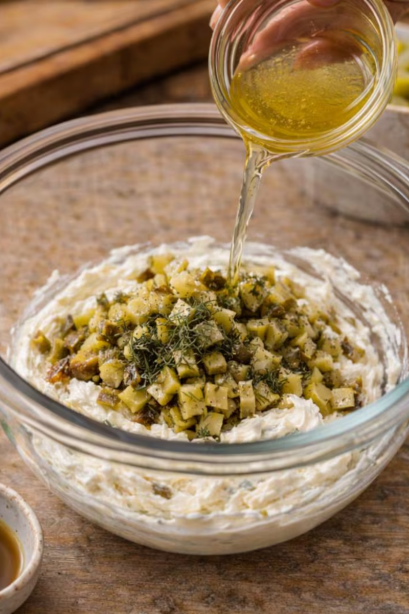 Pickle juice being stirred into healthy dill pickle dip.