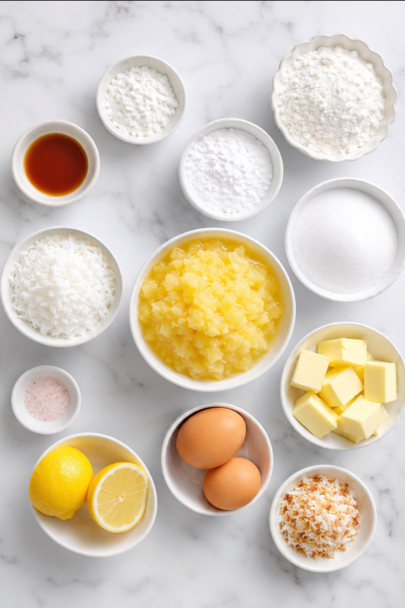 Ingredients for homemade pineapple bars on marble surface.