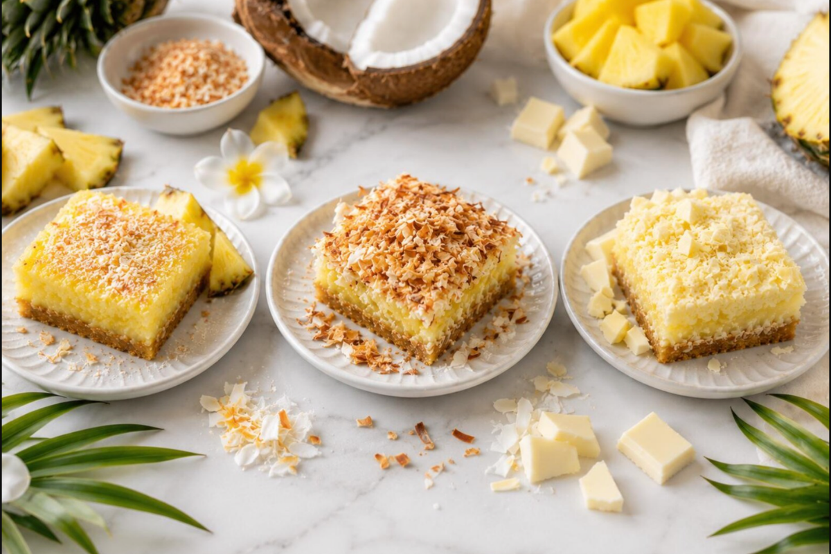 Assorted pineapple bar variations topped with coconut and served on dessert plates.