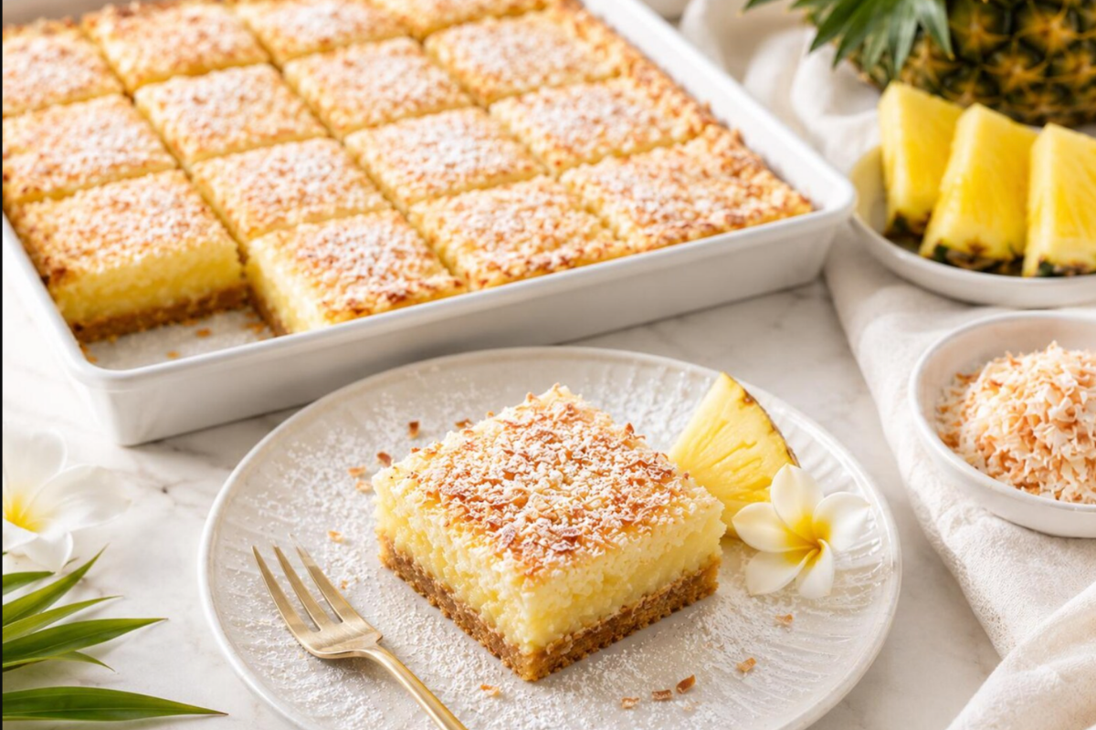 Single pineapple bar square served on a plate with fresh pineapple and toasted coconut.
