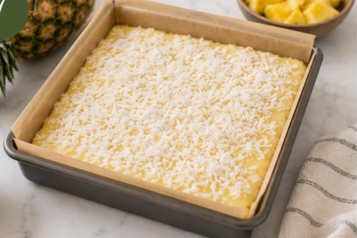 Pineapple filling topped with shredded coconut before baking.