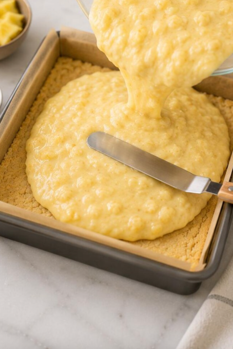 Pineapple filling being poured over baked crust in a square baking pan.