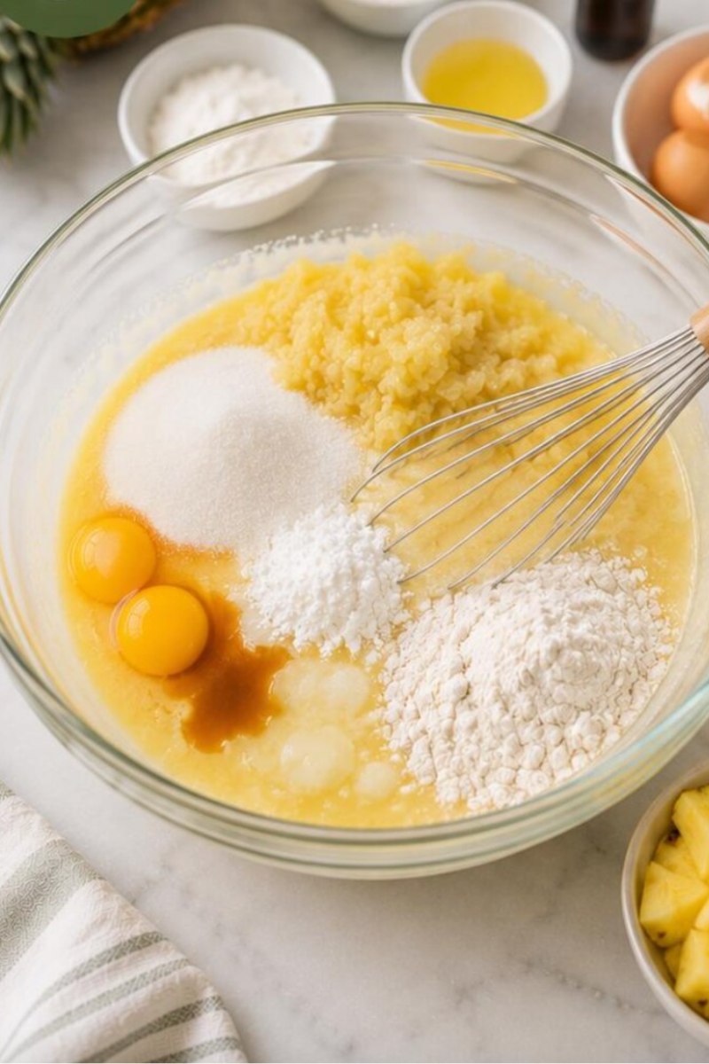 Pineapple filling ingredients mixed together in a glass bowl before baking.