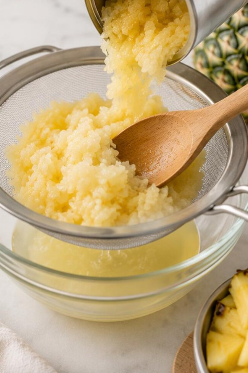 Crushed pineapple draining through a fine mesh strainer to remove excess liquid.