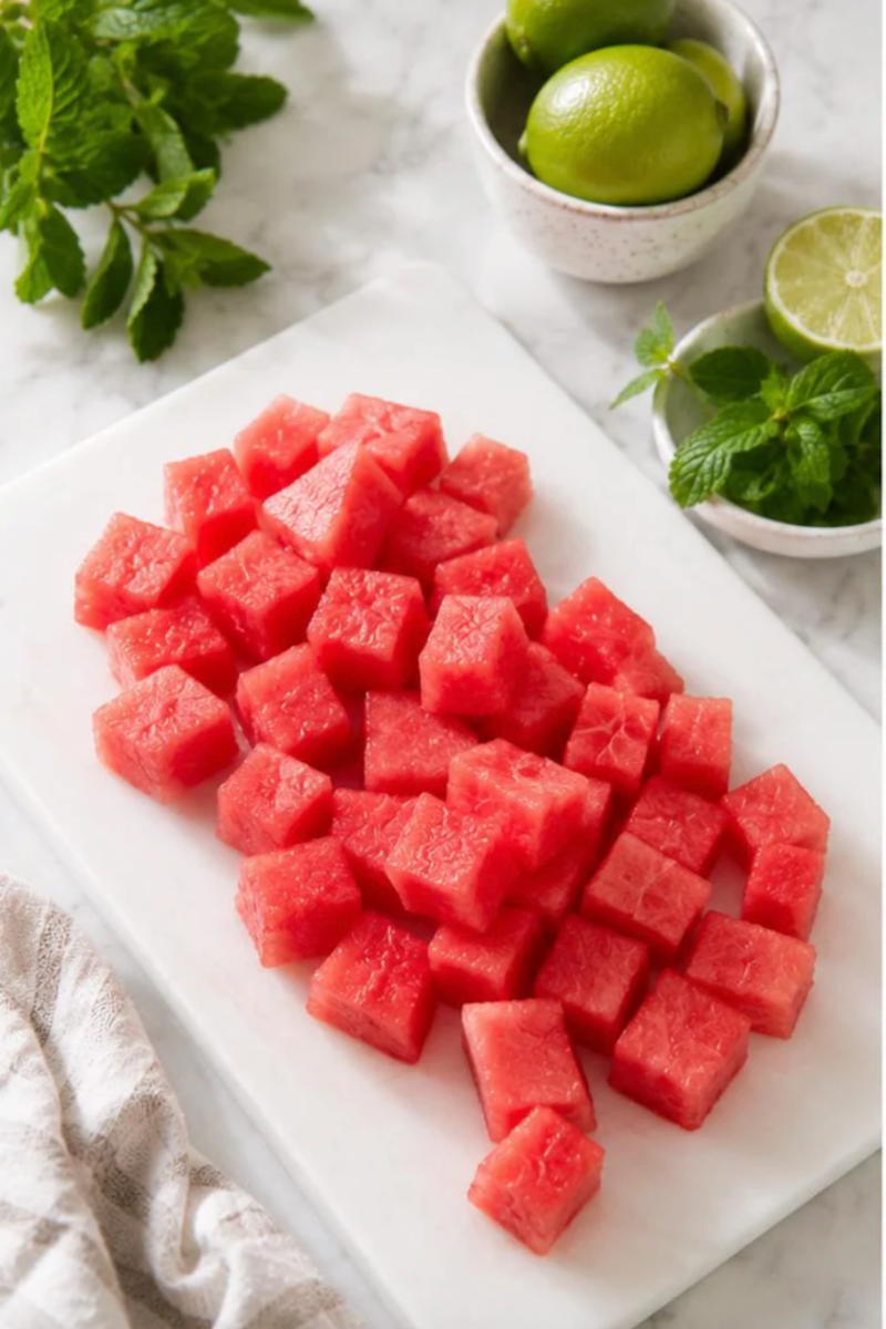 Fresh watermelon cubes cut into bite-sized pieces for watermelon agua fresca.