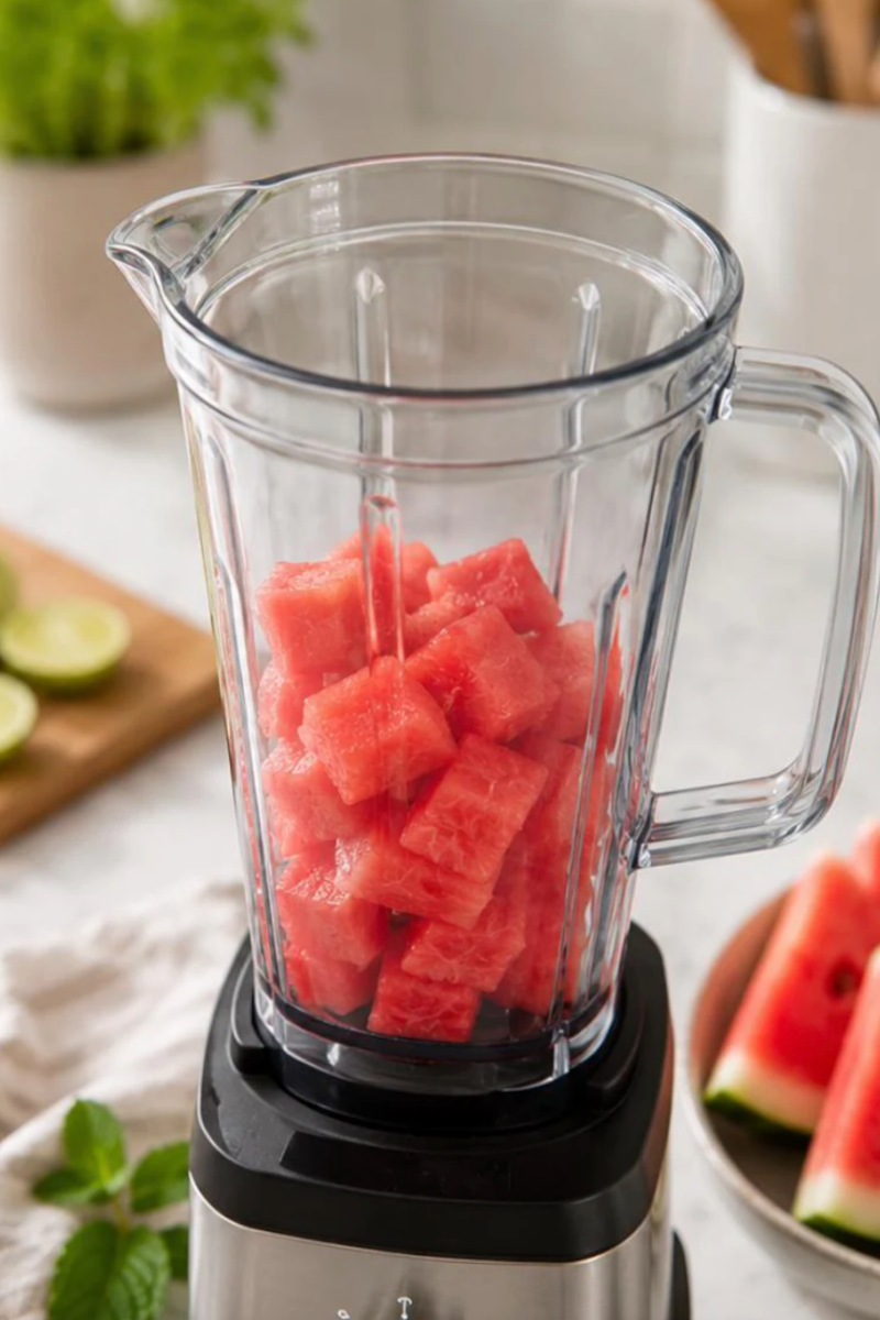 Cubed watermelon added to a blender before making agua fresca.