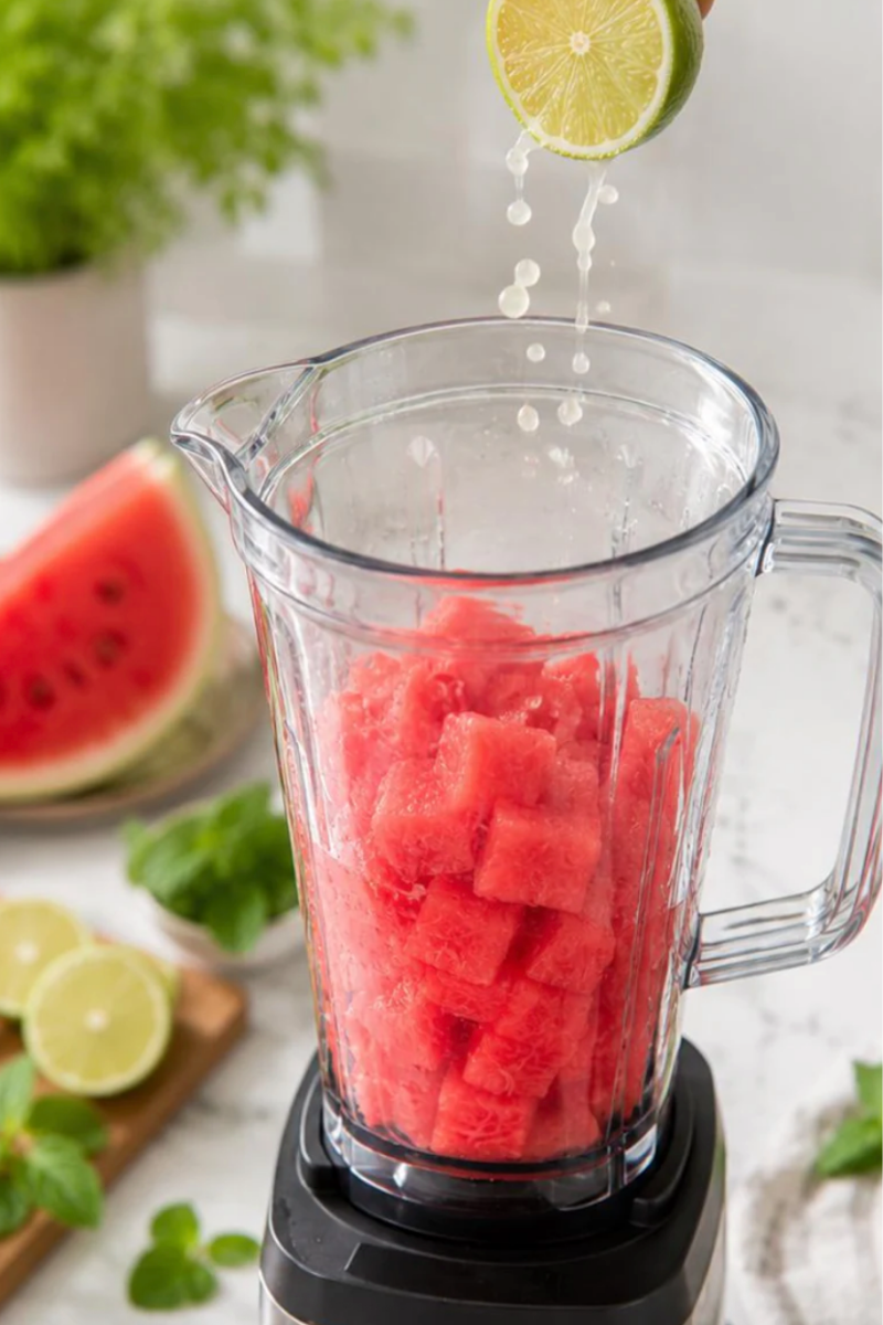 Fresh lime juice being squeezed into watermelon cubes in a blender.


