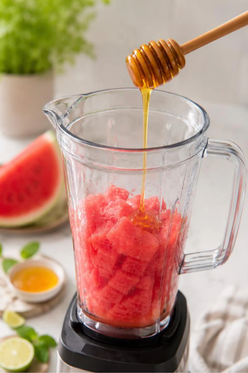 Honey being added to watermelon and lime mixture before blending.