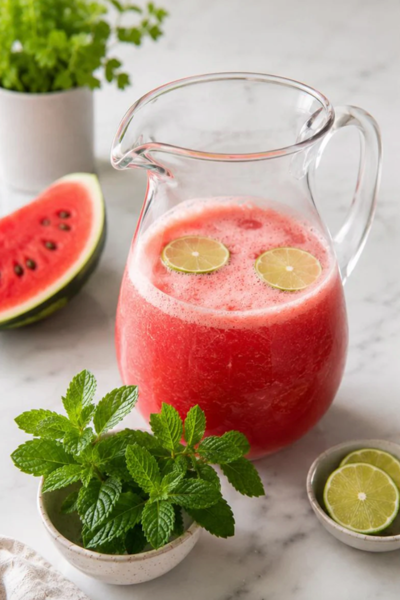 Fresh watermelon agua fresca in a pitcher with lime slices and mint.