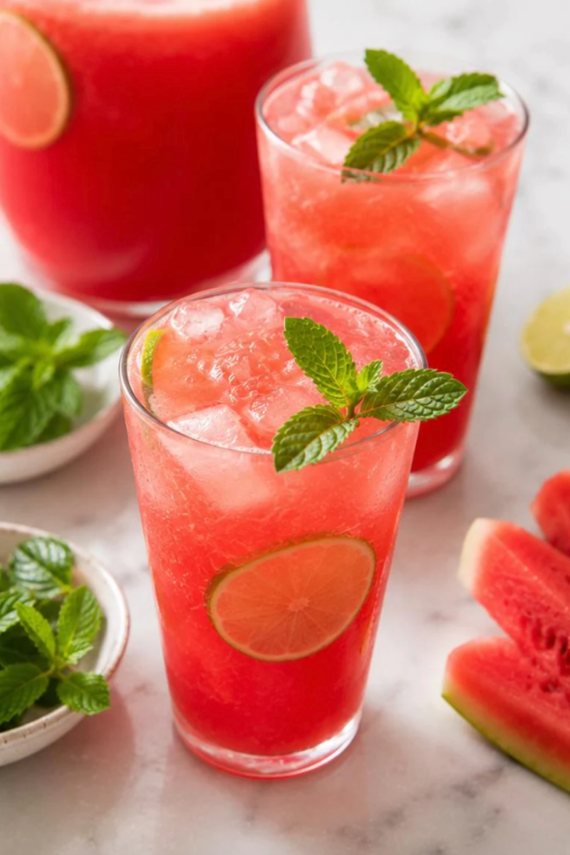 Fresh watermelon agua fresca served over ice with mint sprigs and lime slices.