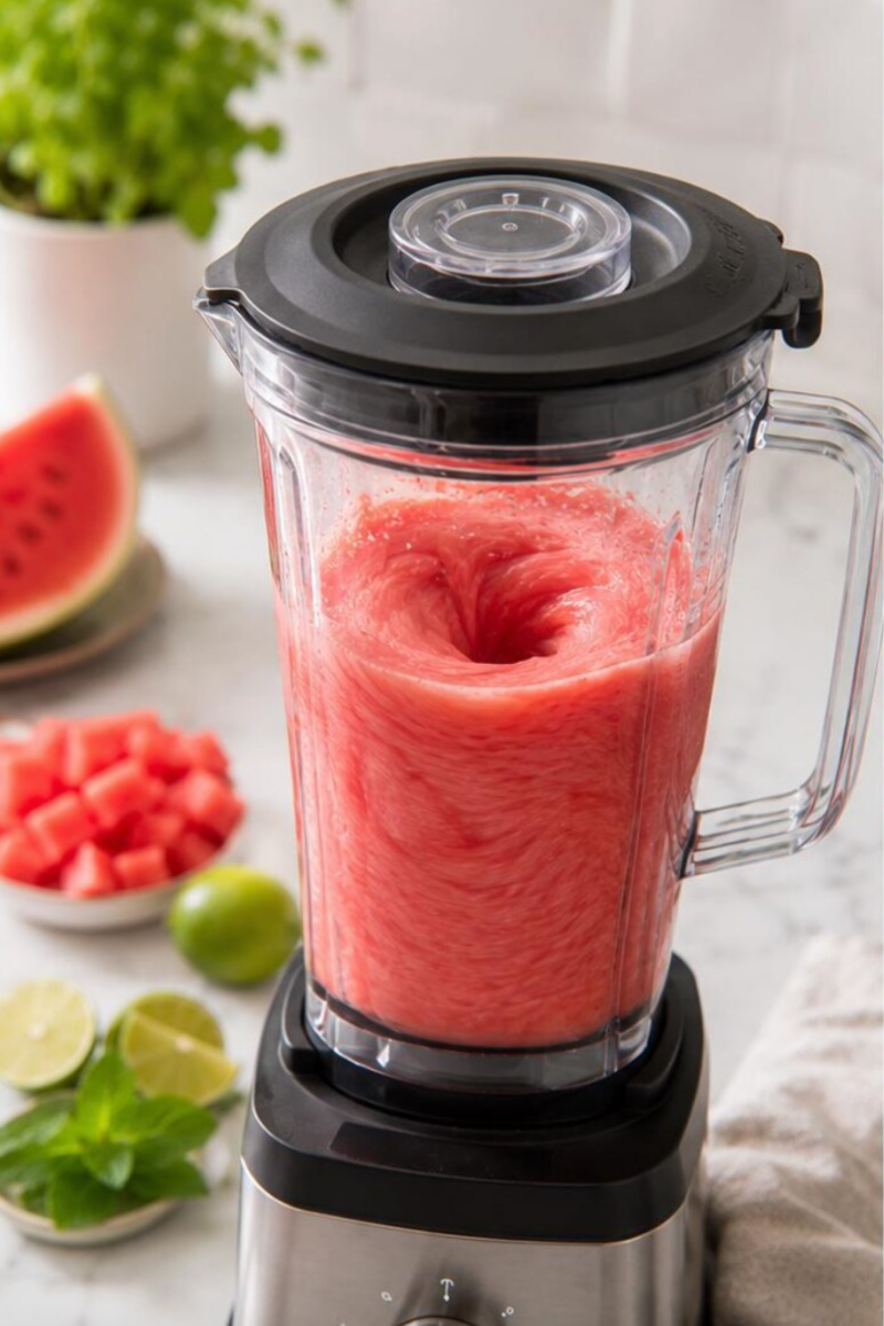 Watermelon agua fresca blending into a smooth pink mixture