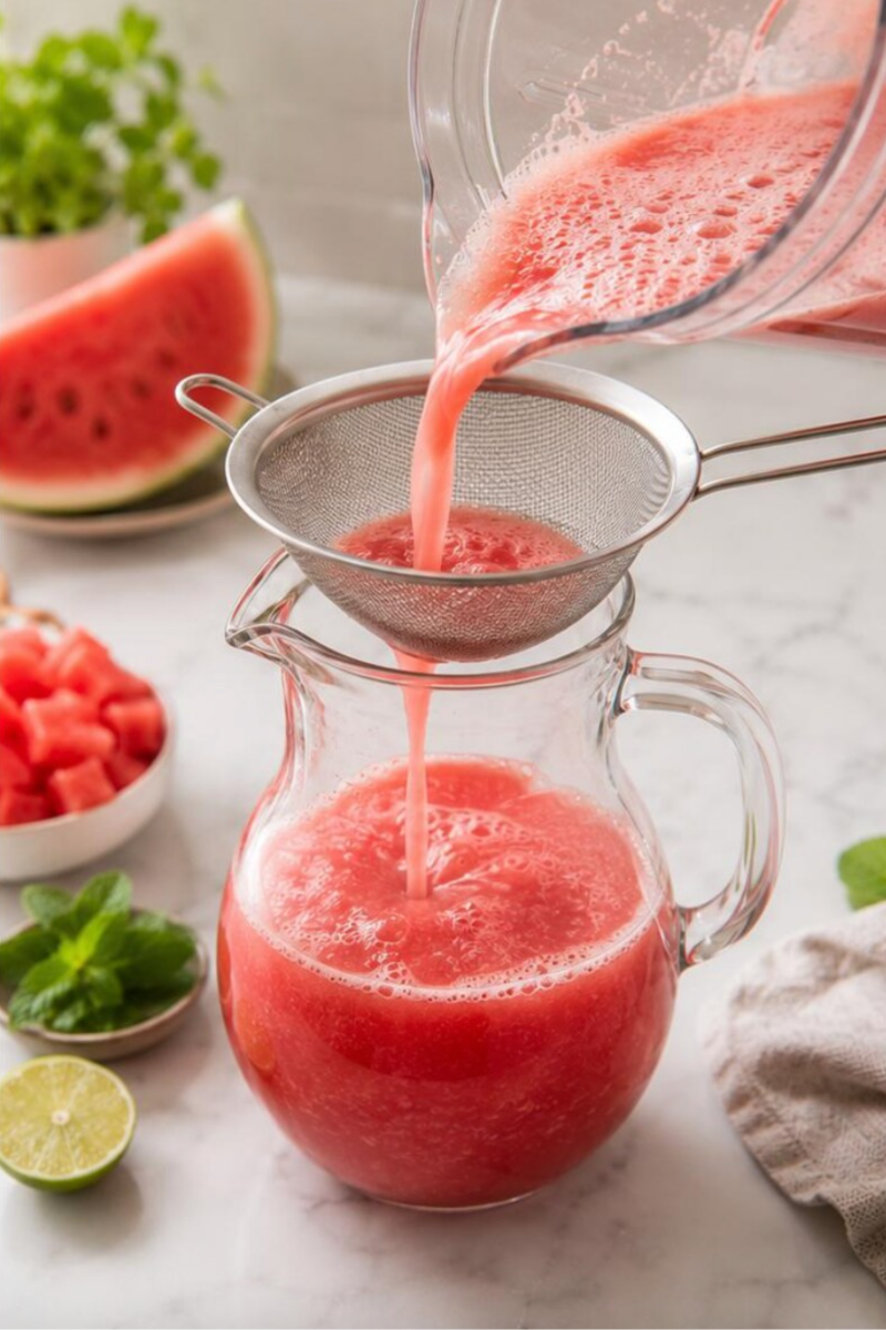 Straining blended watermelon agua fresca into a serving pitcher.