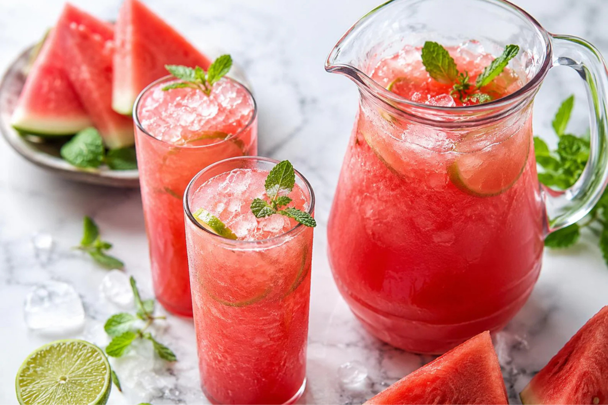Pitcher and glasses of watermelon agua fresca garnished with lime slices and fresh mint.