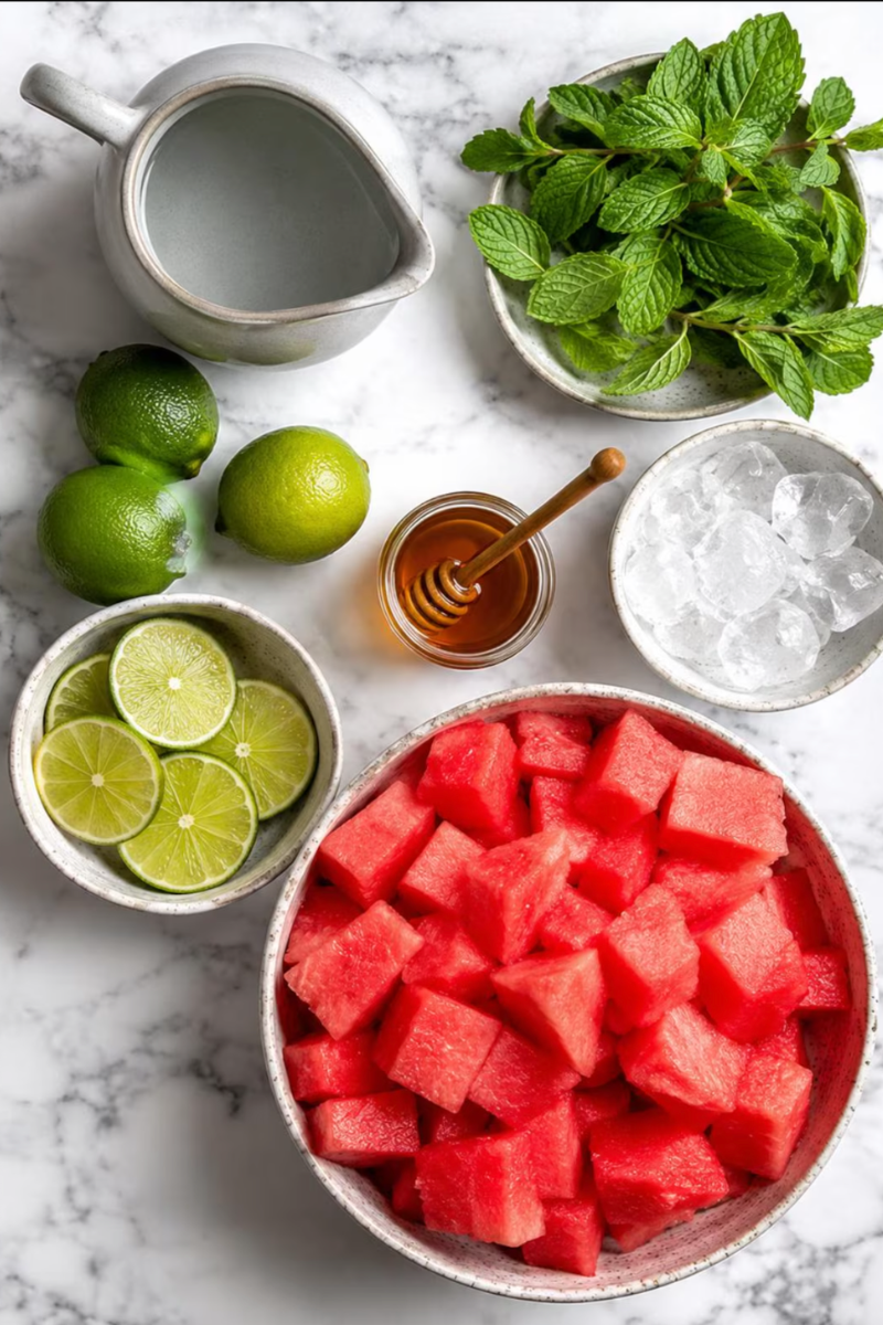 Ingredients for watermelon agua fresca including watermelon, lime, mint, honey, and ice.