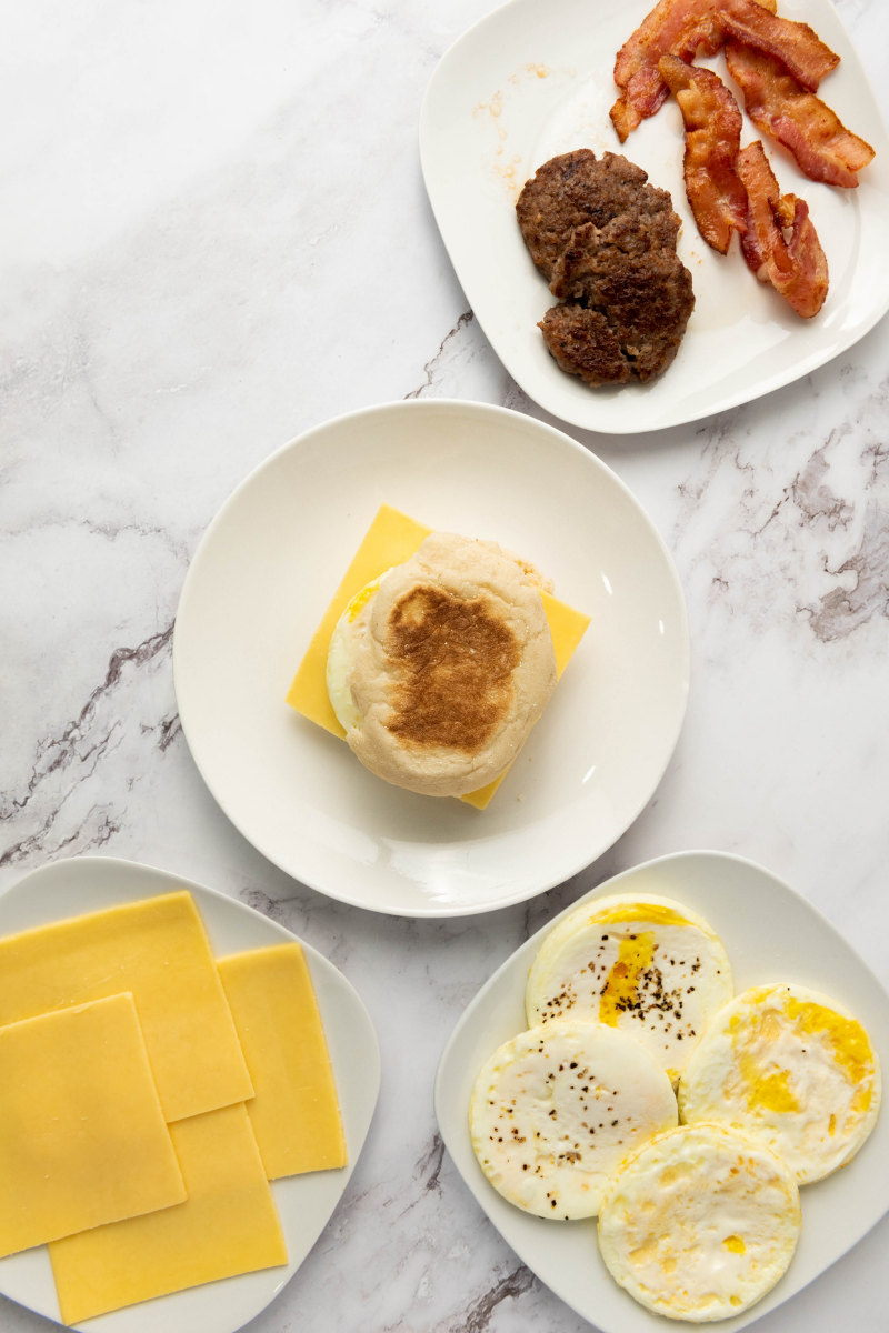 Fully assembled sausage, egg, and cheese breakfast sandwich.