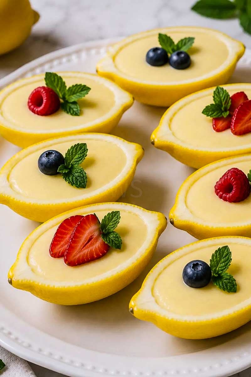 Finished Lemon Posset served inside fresh lemon shells with optional garnish.