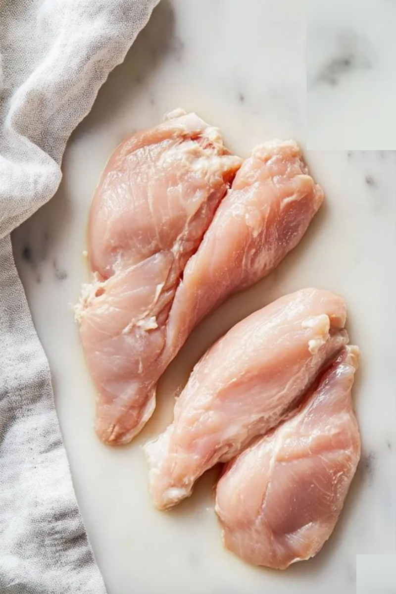 Raw chicken breast prepared for cutting and breading.