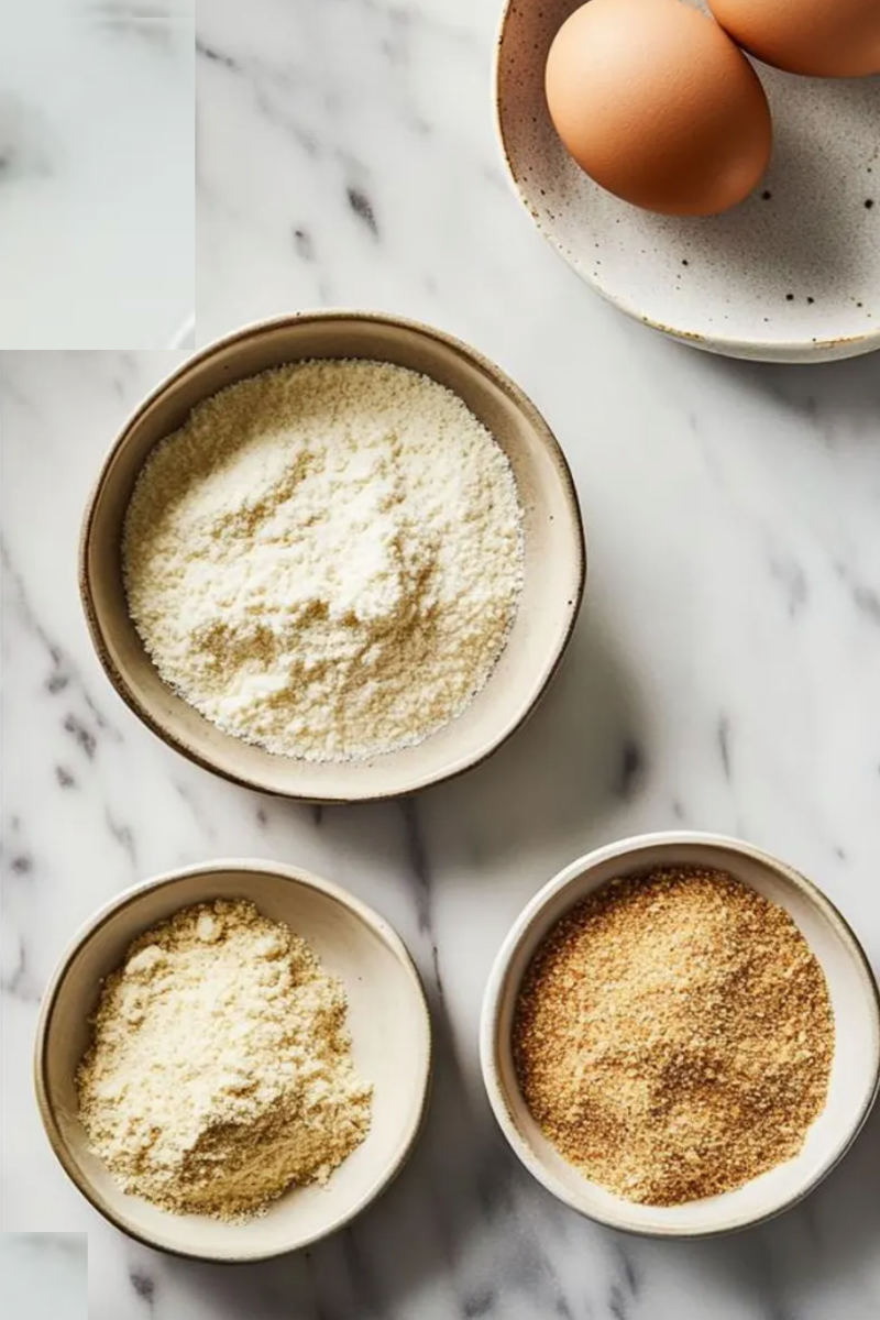  Seasoned flour, egg mixture, and panko breadcrumbs arranged for coating popcorn chicken.

