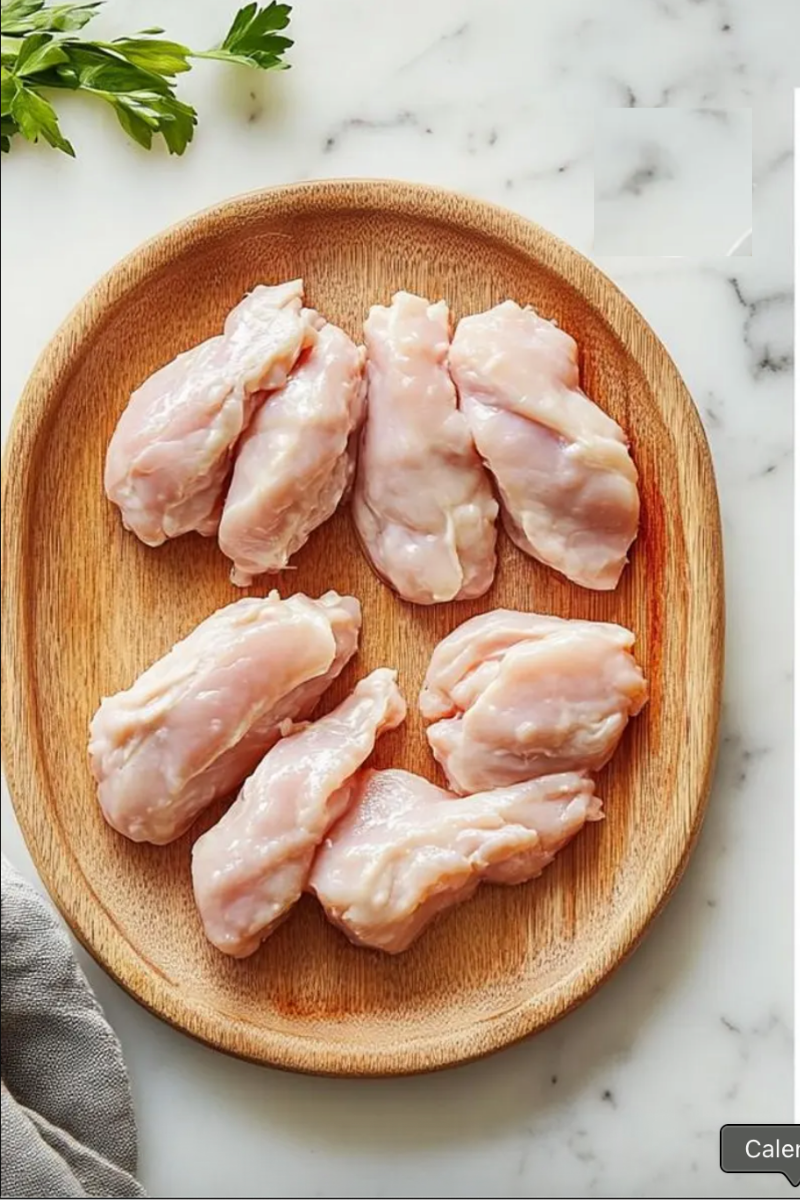 Raw chicken breast cut into evenly sized pieces for air fryer popcorn chicken.
