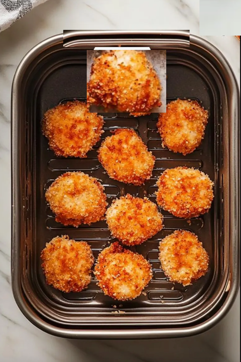 Popcorn chicken turning golden brown while cooking in the air fryer.
