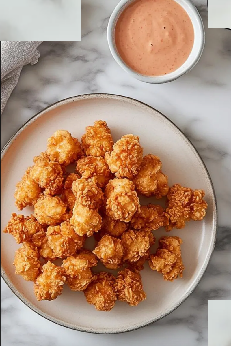 Golden crispy air fryer popcorn chicken served on a plate with dipping sauce.