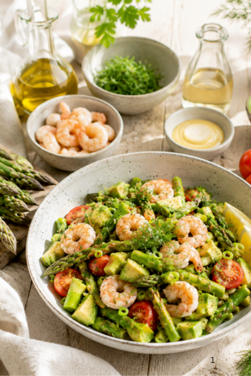 Close-up of asparagus shrimp salad with crisp asparagus, juicy shrimp, creamy avocado, tomatoes, and fresh herbs.
