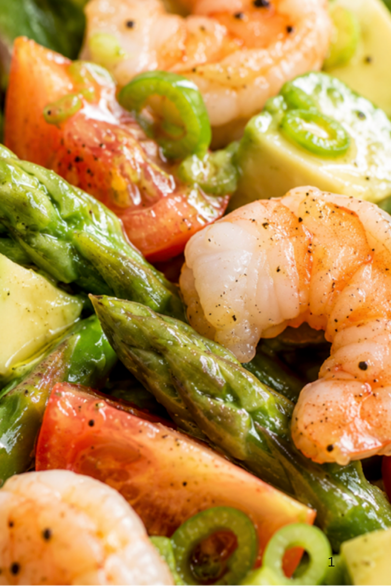 close of the asparagus and shrimp salad