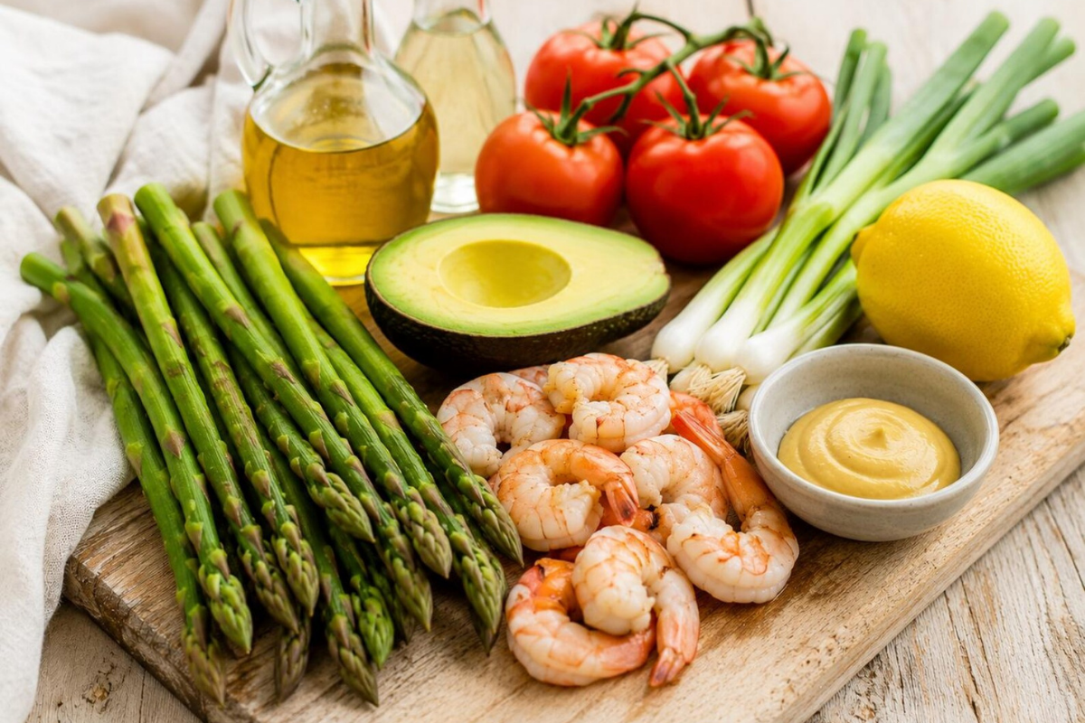 Fresh ingredients for asparagus shrimp salad including asparagus, cooked shrimp, avocado, tomato, spring onions, lemon, olive oil, Dijon mustard, and vinegar.