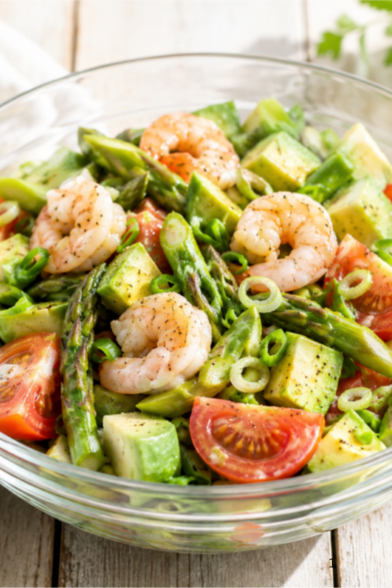 Fresh Asparagus & Shrimp Salad with avocado, tomatoes, and Dijon vinaigrette served in a white bowl.