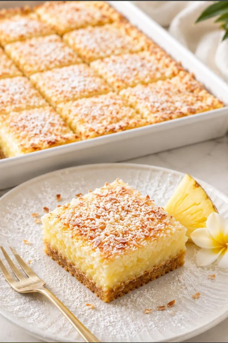 Homemade Tropical Pineapple Bars with buttery crust and creamy pineapple filling