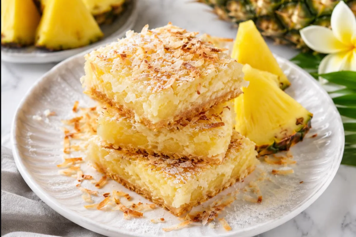 Tropical Pineapple Bars cut into squares and arranged on a platter for serving