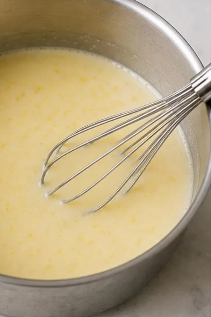 Heavy cream, sugar, and lemon zest simmering together in a saucepan.