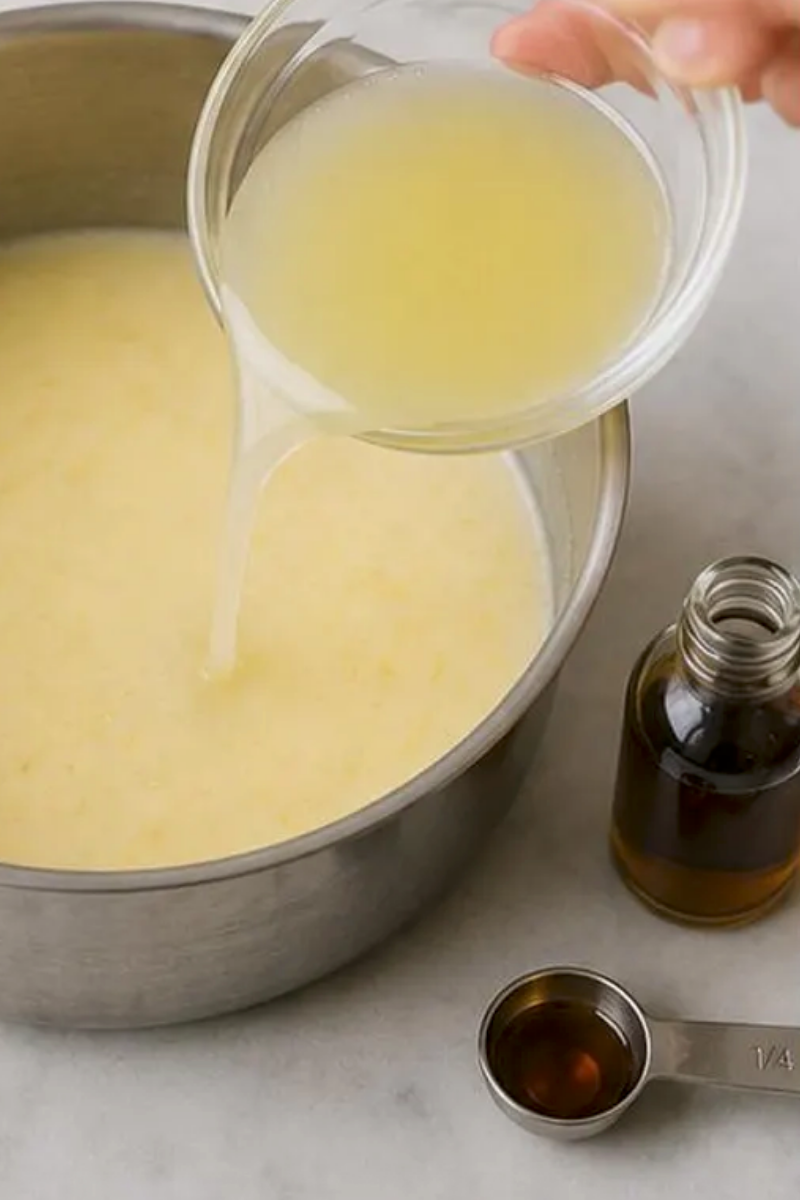 Fresh lemon juice being added to warm cream mixture for Lemon Posset.