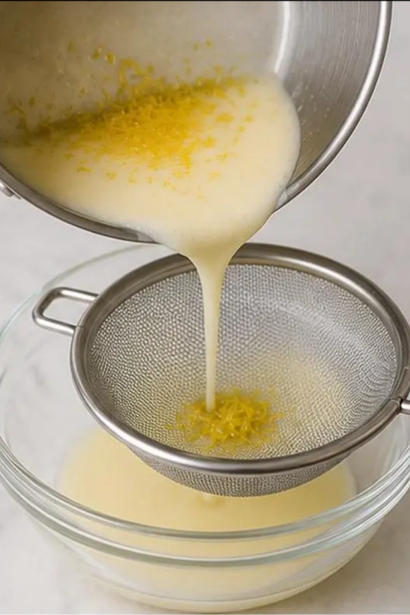 Lemon Posset mixture being strained through a fine mesh sieve into a bowl.