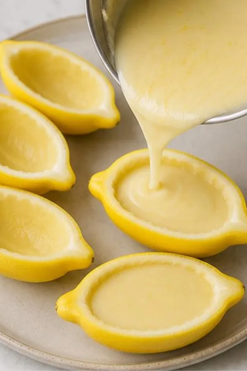 Creamy Lemon Posset being poured into fresh lemon shell halves.