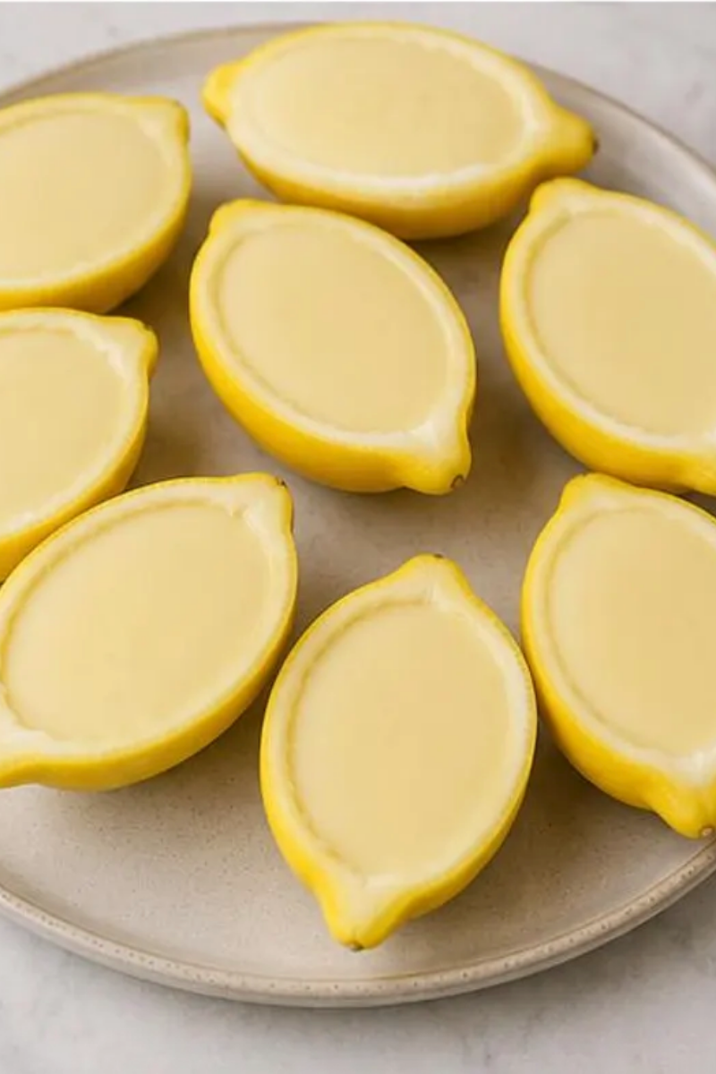 Lemon Posset chilling inside lemon shells on a serving platter.