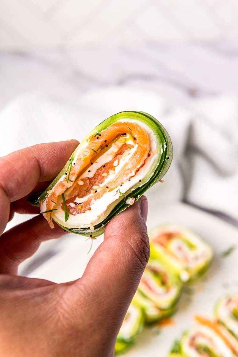 Elegant Everything Bagel Cucumber Rolls served as a fresh low-carb appetizer for brunch or parties.