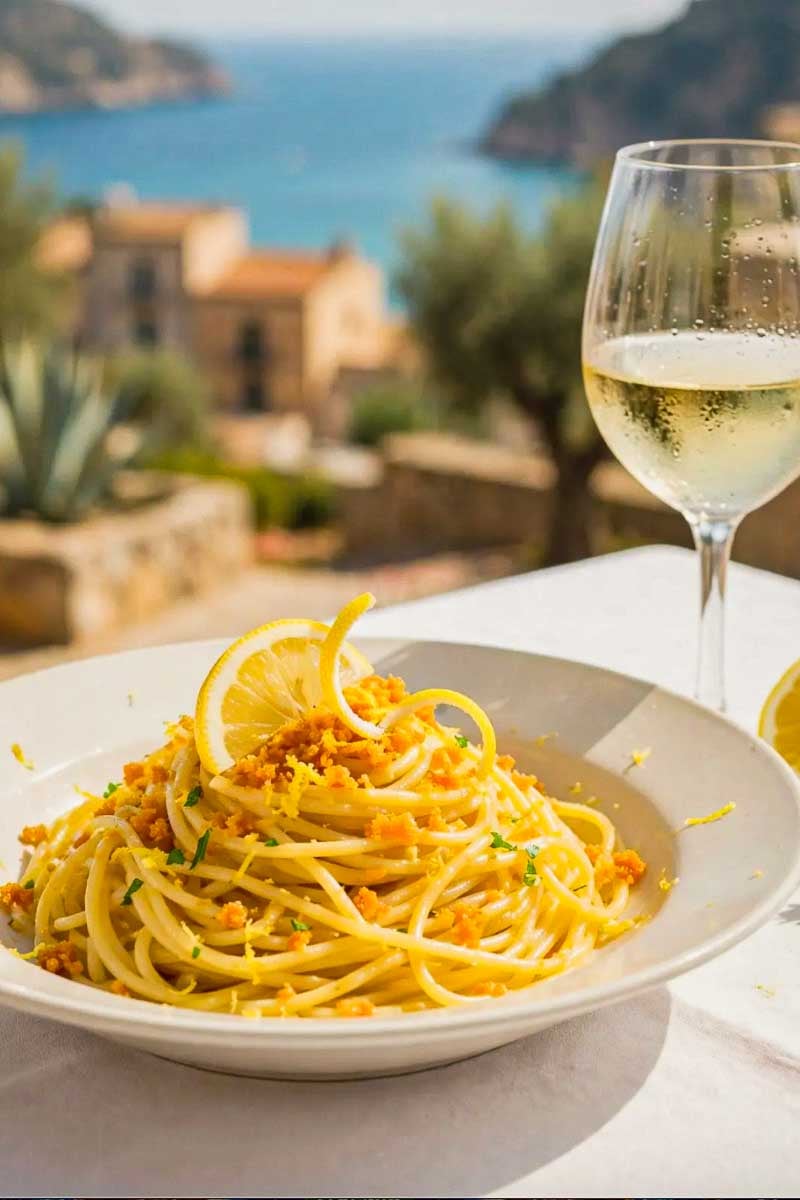 Restaurant-style Spaghetti Bottarga Lemon finished with grated bottarga and fresh lemon zest, ready to serve.