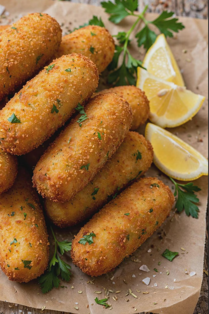Close-up of crispy Sicilian potato croquettes with a creamy Pecorino Romano potato filling.